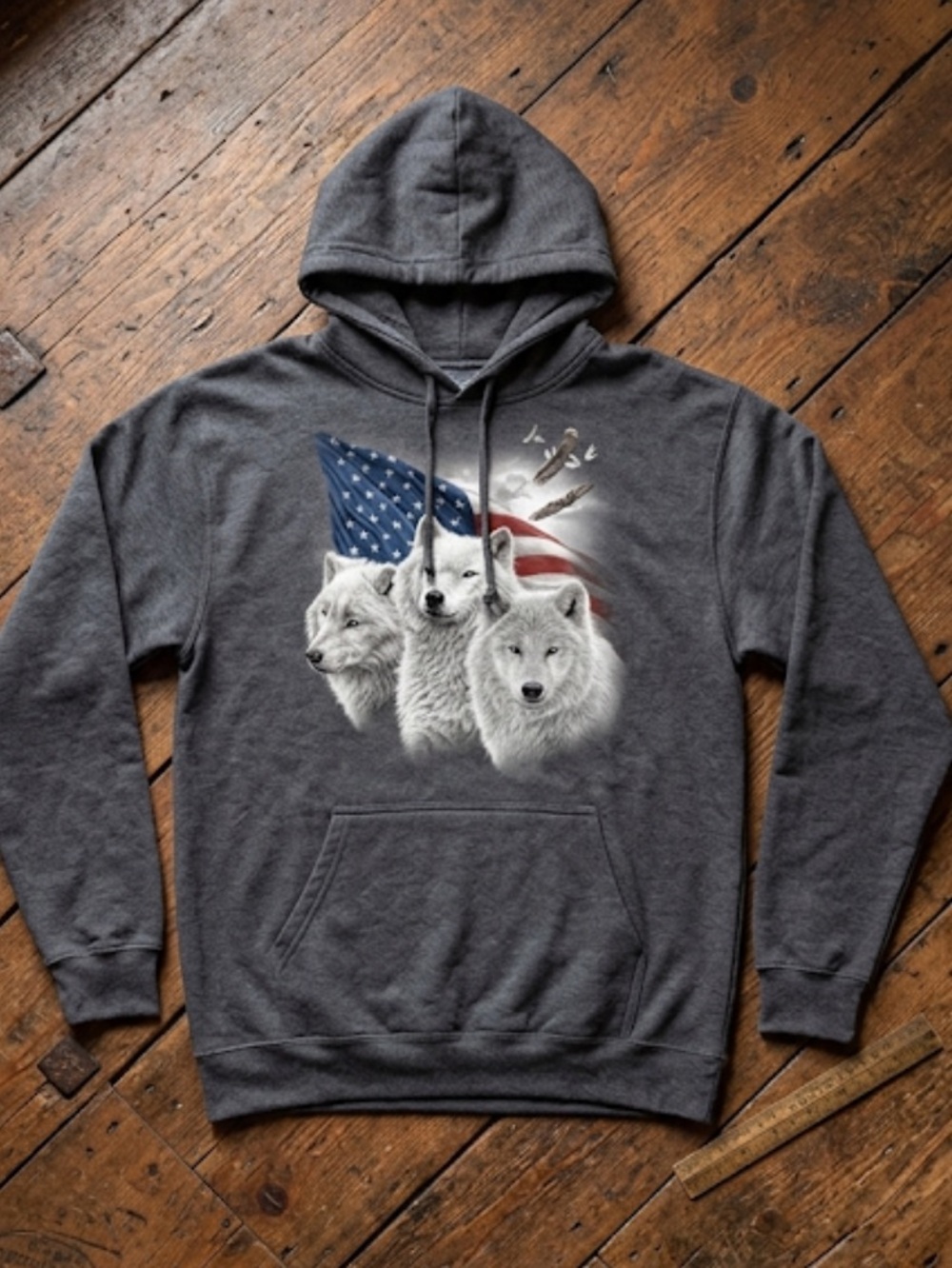The Mountain Charcoal Hoodie with Wolf and Flag Design